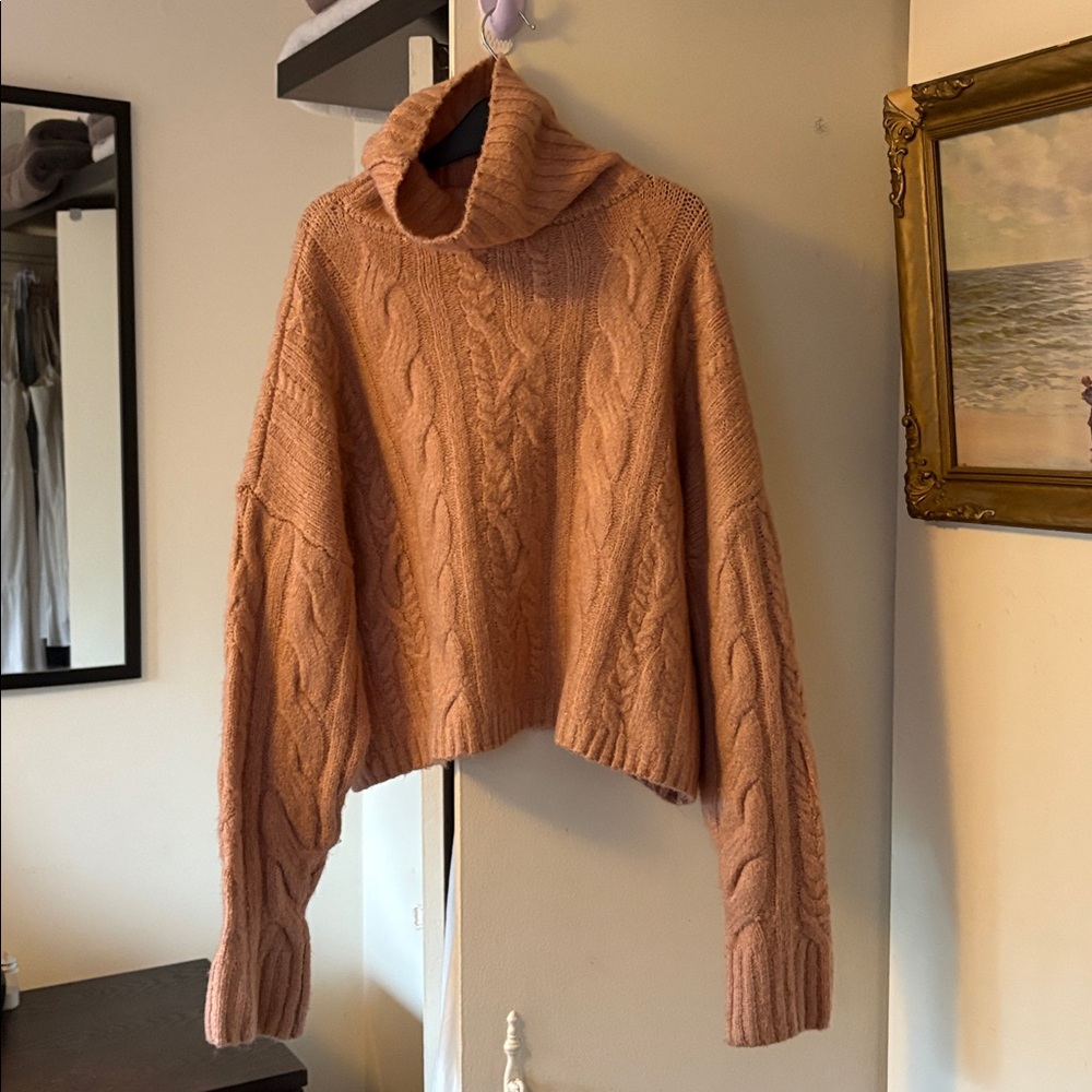 Cozy Cable Knit Turtleneck Sweater, soft pink, new